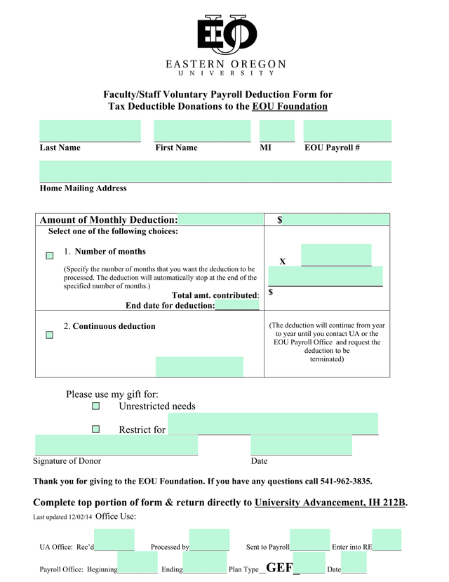 FacultyStaff Voluntary Payroll Deduction Form For Tax Deductible Donations To The EOU Foundation screenshot