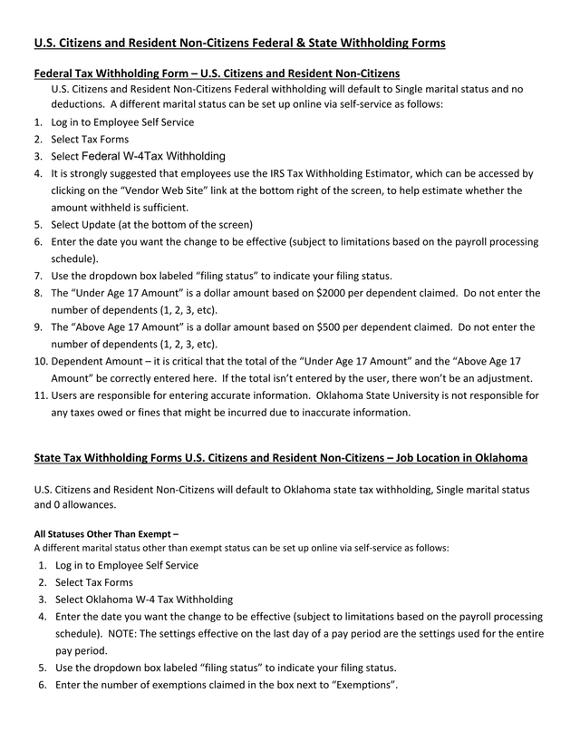 U.S. Citizens And Resident Non Citizens Federal  State Withholding Forms screenshot