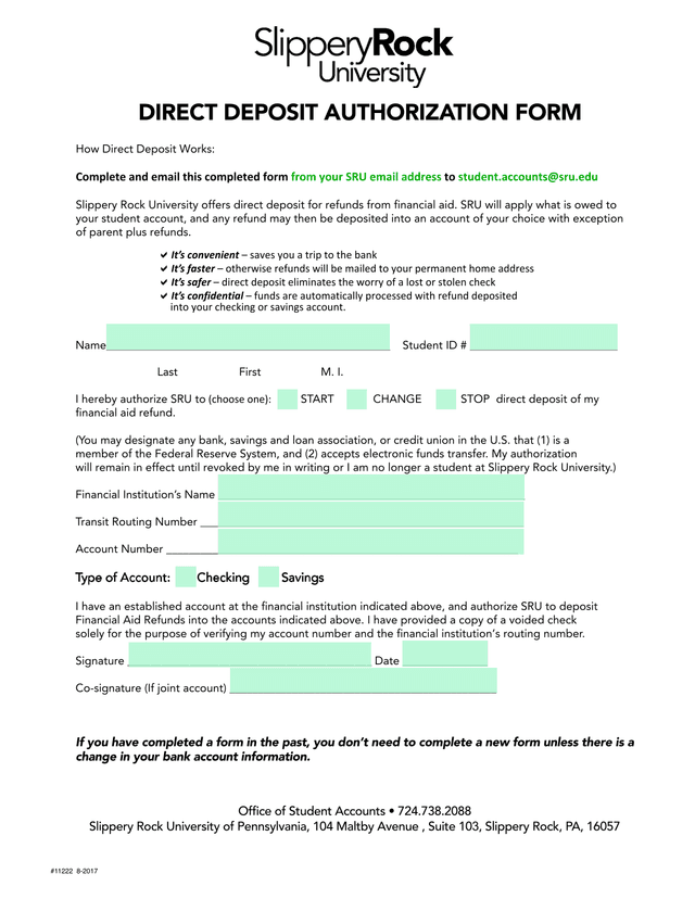 Direct Deposit Authorization Form screenshot