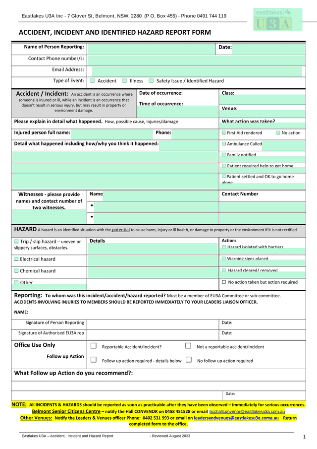 Accident, Incident And Identified Hazard Report Form screenshot