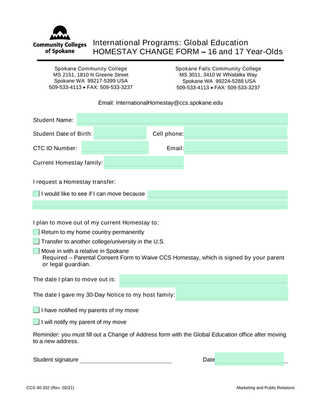 Homestay Change Form  16 And 17 Year Olds screenshot