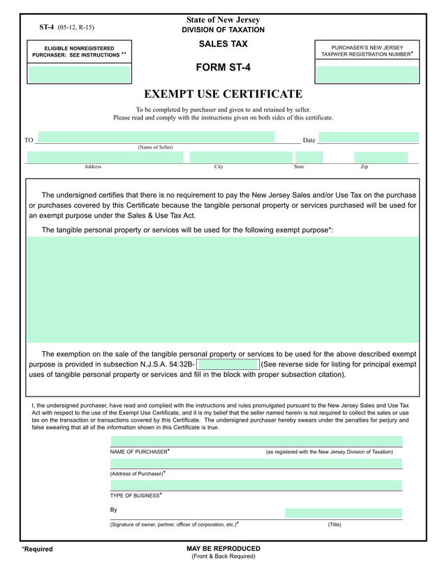 New Jersey Sales Tax Form ST 4 Exempt Use Certificate screenshot