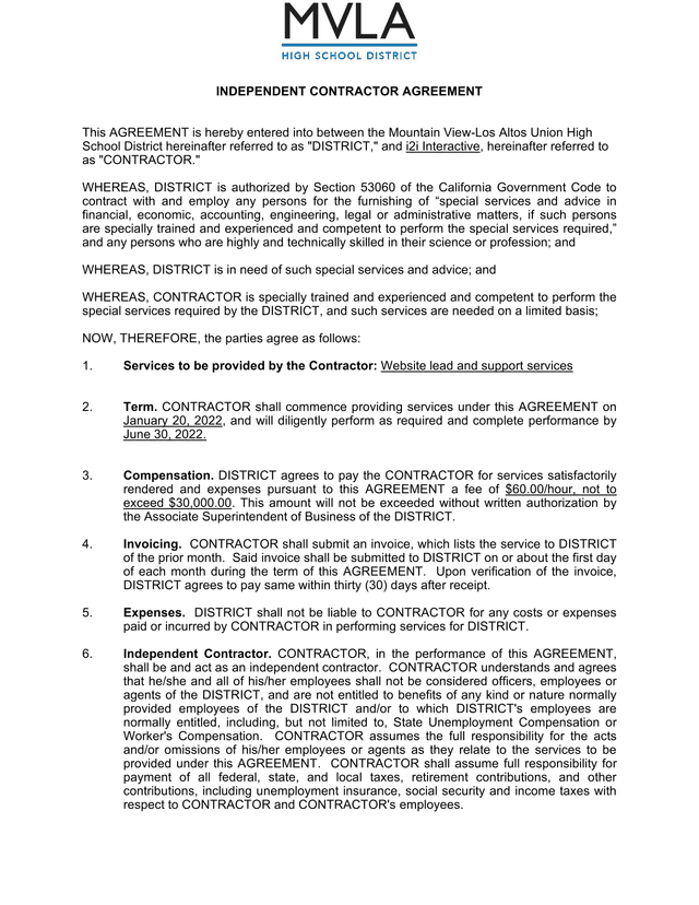 Independent Contractor Agreement screenshot