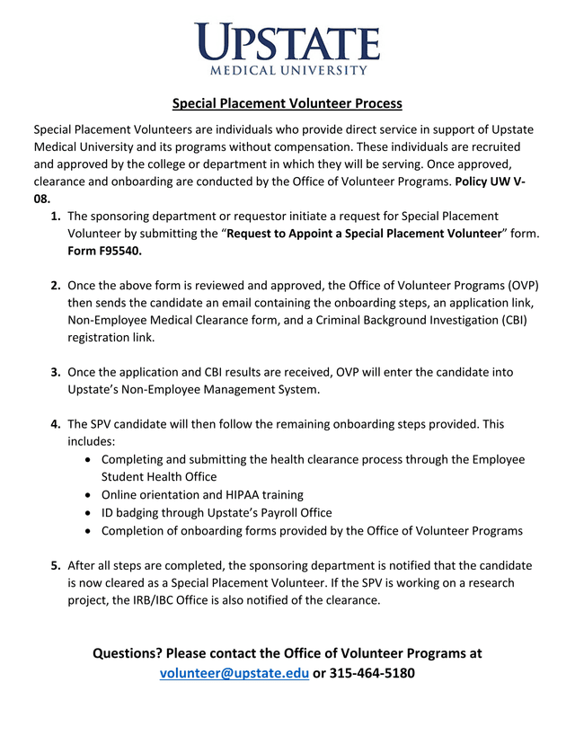 Special Placement Volunteer Process screenshot