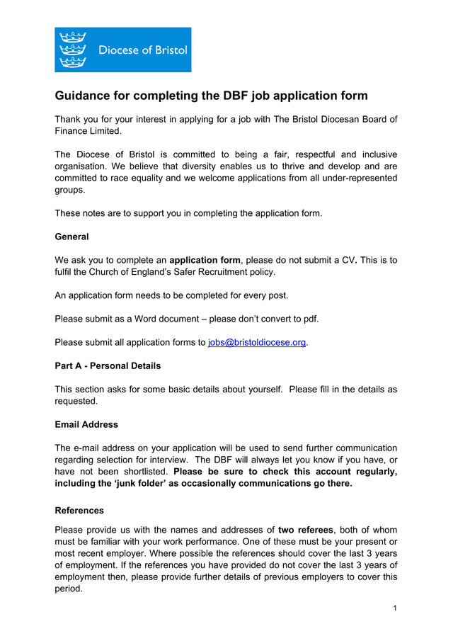 Guidance For Completing The DBF Job Application Form screenshot