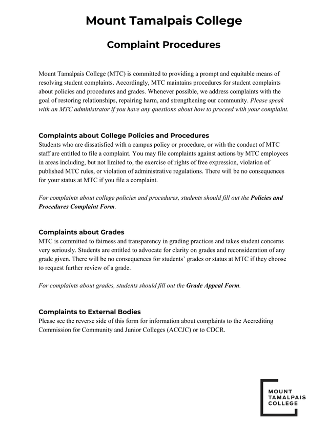 Mount Tamalpais College Complaint Procedures screenshot