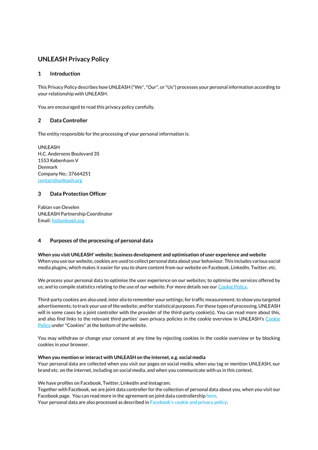 UNLEASH Privacy Policy screenshot