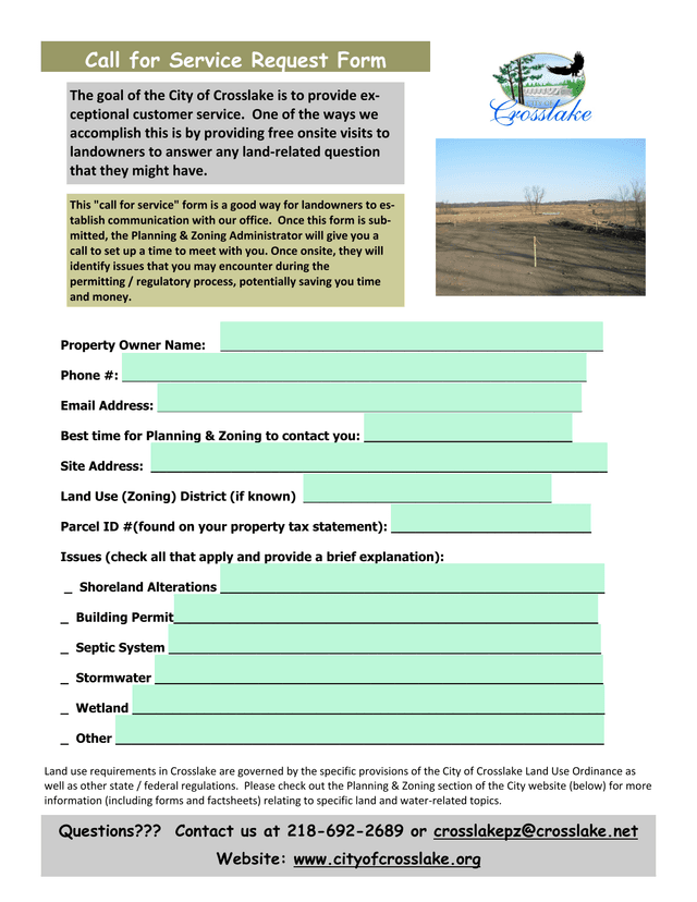 Call For Service Request Form screenshot