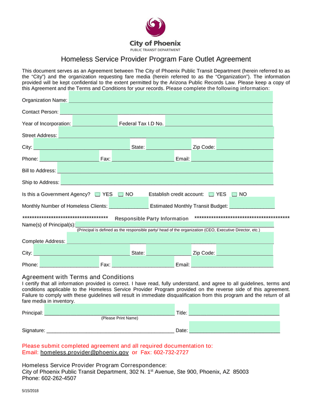 Homeless Service Provider Program Fare Outlet Agreement screenshot