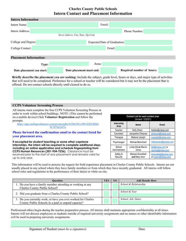 Charles County Public Schools Intern Contact And Placement Information screenshot