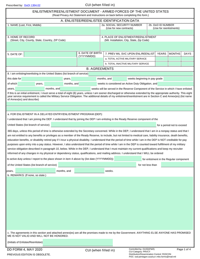DD FORM 4   EnlistmentReenlistment Document   Armed Forces Of The United States screenshot