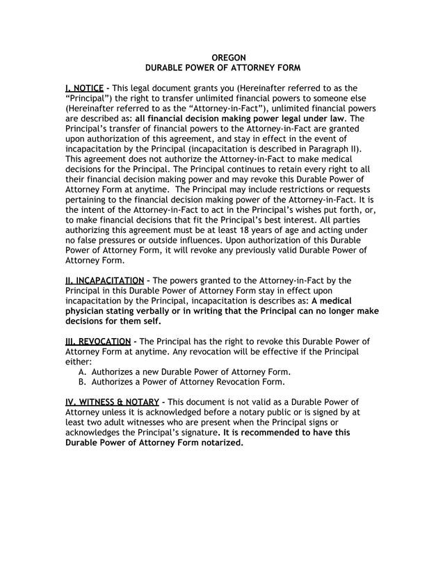 Oregon Durable Power Of Attorney Form screenshot