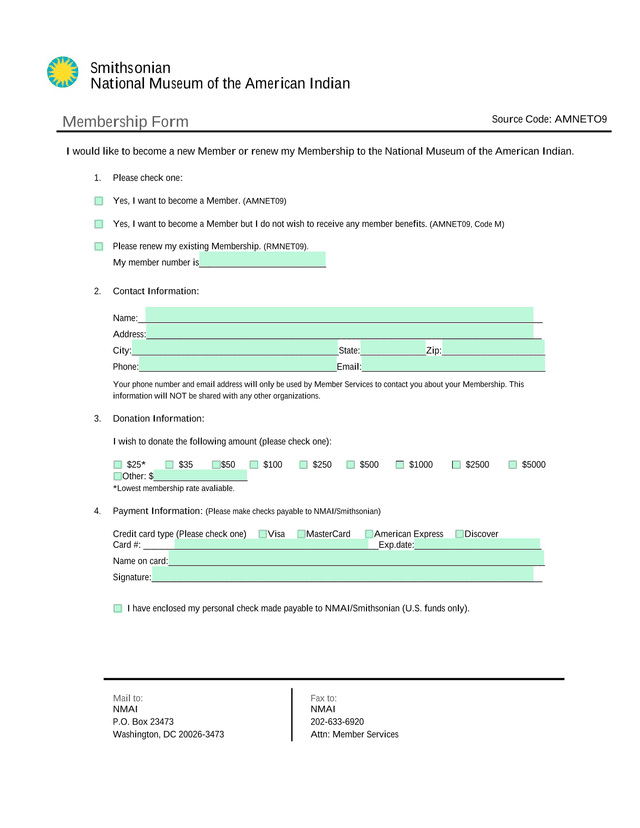 Smithsonian National Museum Of The American Indian Membership Form screenshot
