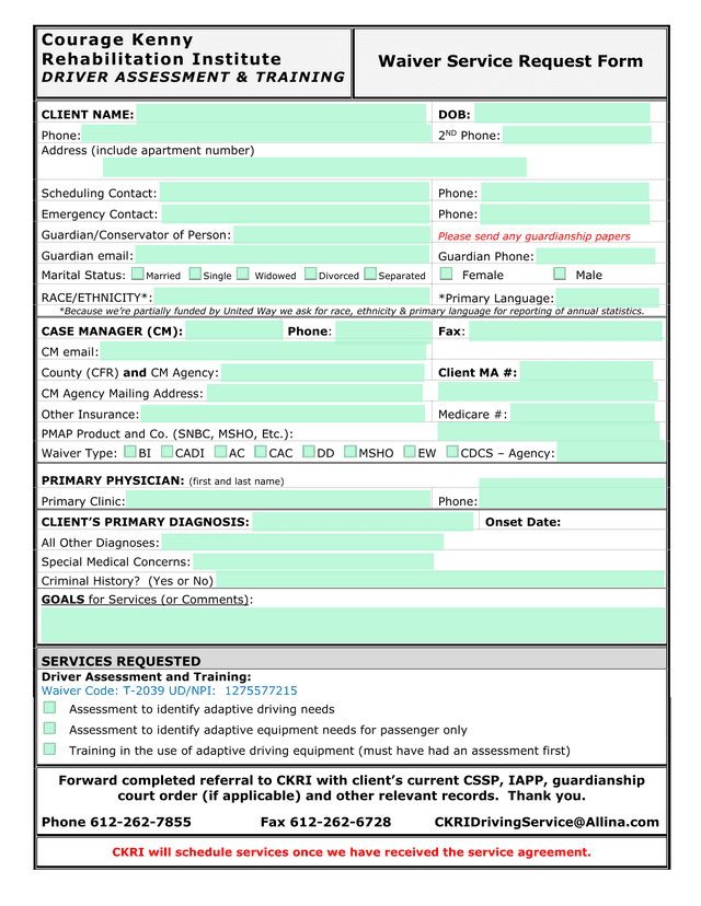 Waiver Service Request Form screenshot