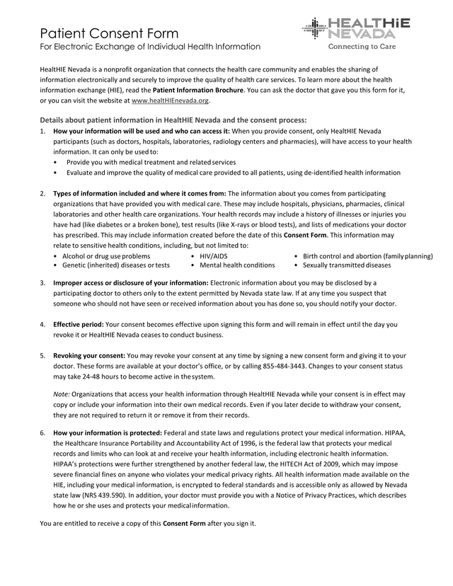 Patient Consent Form For Electronic Exchange Of Individual Health Information screenshot