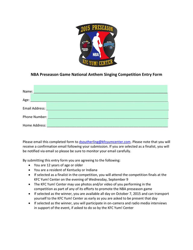NBA Preseason Game National Anthem Singing Competition Entry Form screenshot