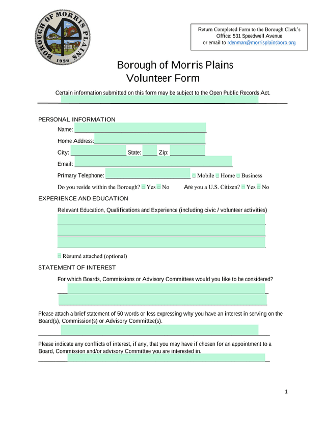 Borough Of Morris Plains Volunteer Form screenshot