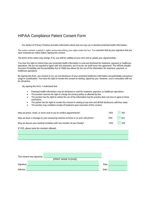HIPAA Compliance Patient Consent Form screenshot
