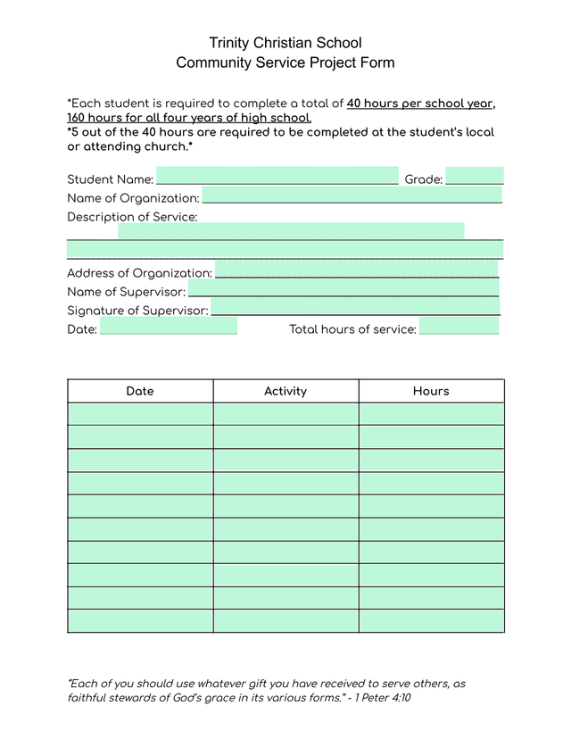 Community Service Project Form screenshot