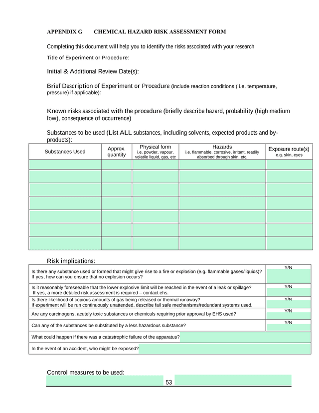 CHEMICAL HAZARD RISK ASSESSMENT FORM screenshot