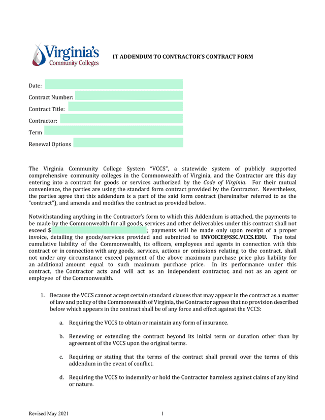 IT Addendum To ContractorS Contract Form screenshot