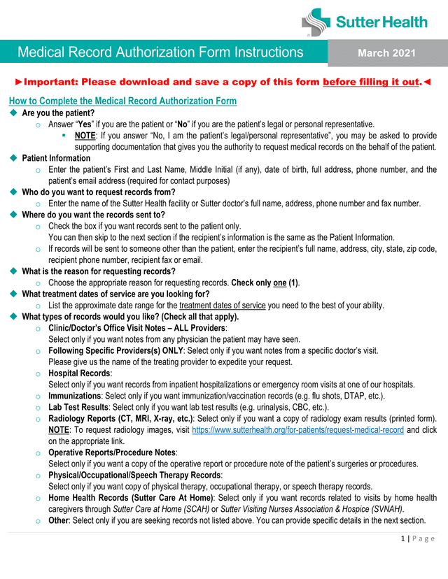 Medical Record Authorization Form Instructions screenshot