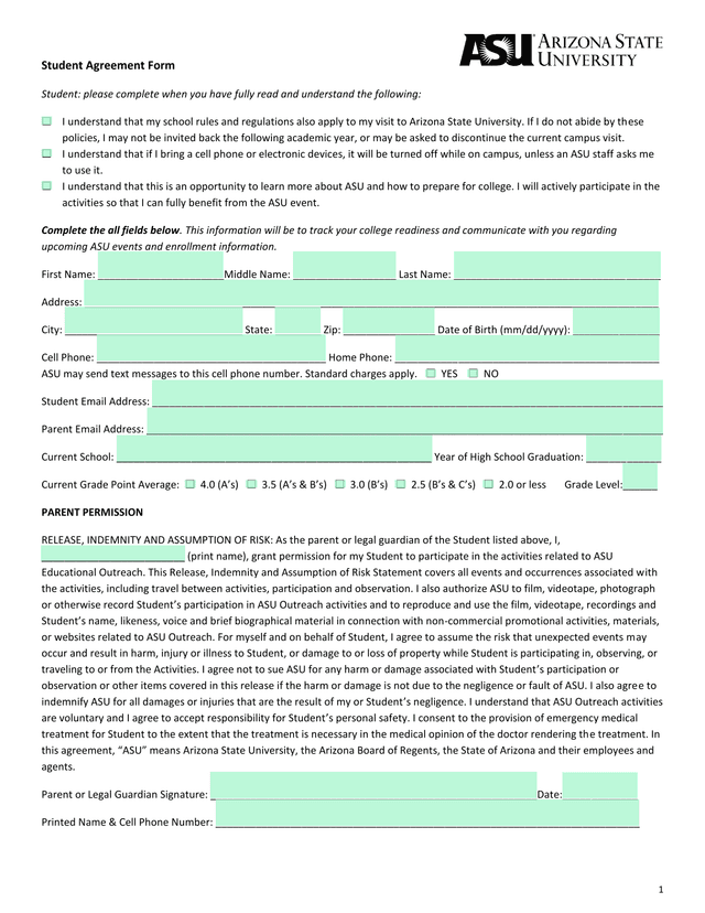 Student Agreement Form screenshot