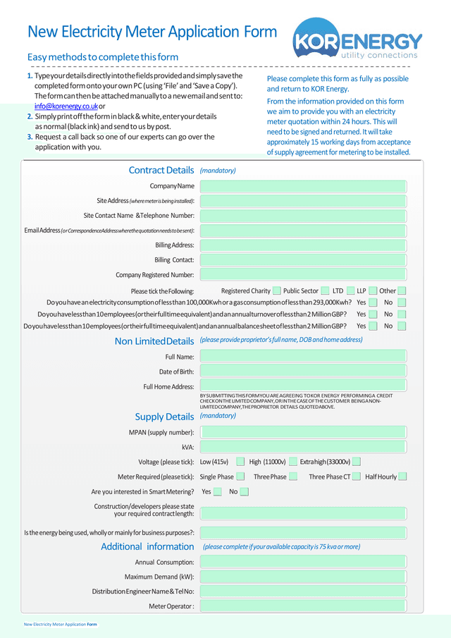 New Electricity Meter Application Form screenshot