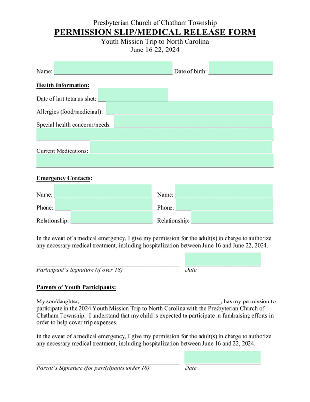 Permission SlipMedical Release Form screenshot