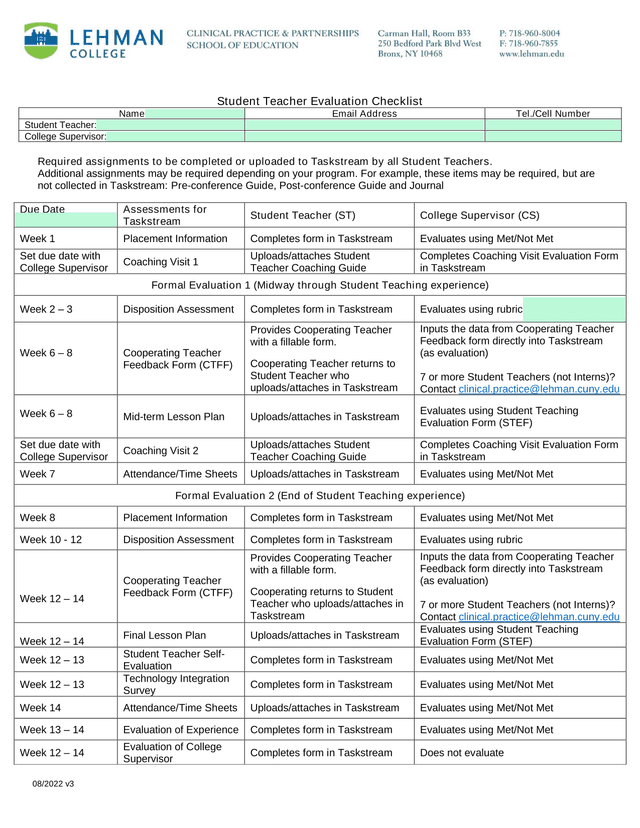 Student Teacher Evaluation Checklist screenshot