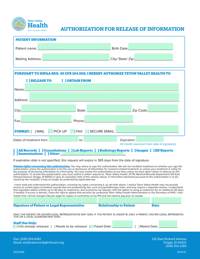 Medical Records Authorization Form screenshot
