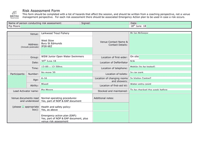 Risk Assessment Form screenshot