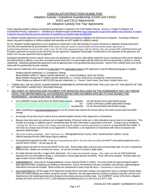 CHECKLIST FOR SUBSIDY AGREEMENTS screenshot