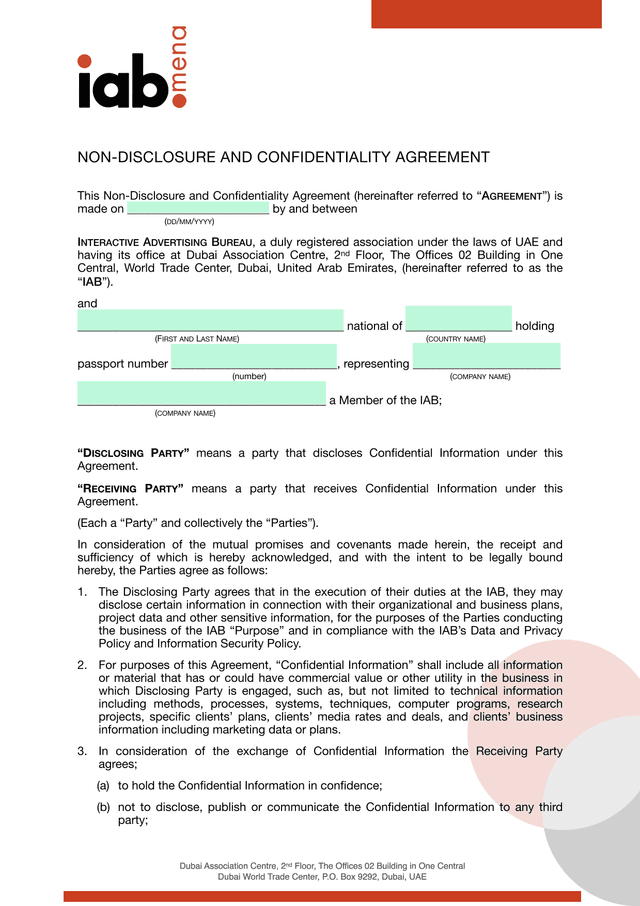 Non Disclosure And Confidentiality Agreement screenshot