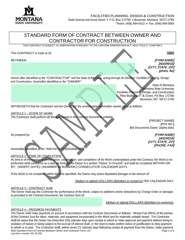 MSU Standard Form Of Contract Between Owner And Contractor Form 110 screenshot