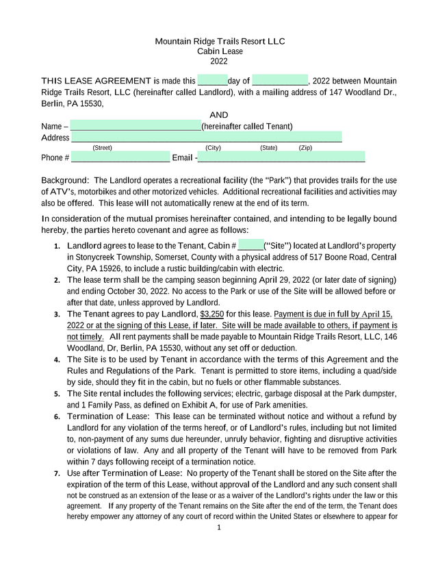 Mountain Ridge Trails Resort LLC Cabin Lease screenshot