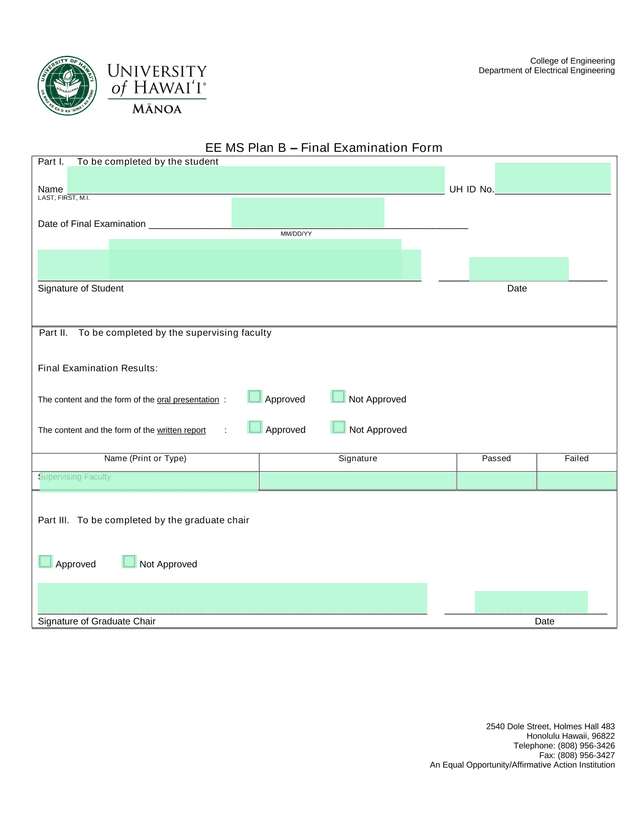 EE MS Plan B  Final Examination Form screenshot