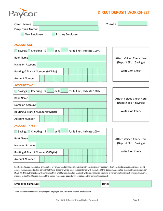 Direct Deposit Worksheet screenshot