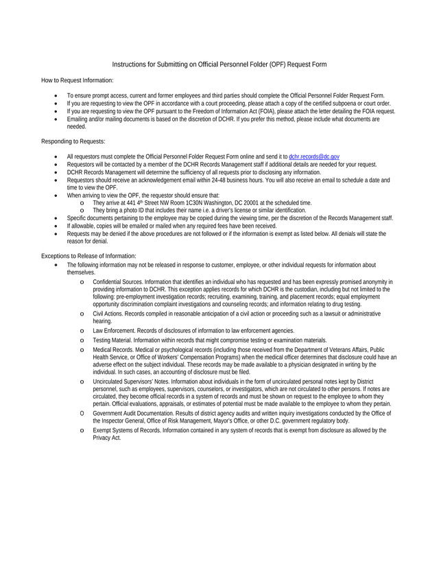 Official Personnel Folder (OPF) Request Form Instructions screenshot