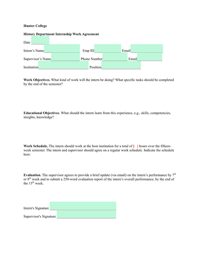 Hunter College History Department Internship Work Agreement screenshot