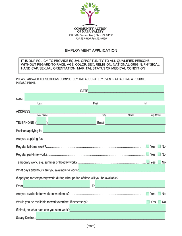 Employment Application screenshot
