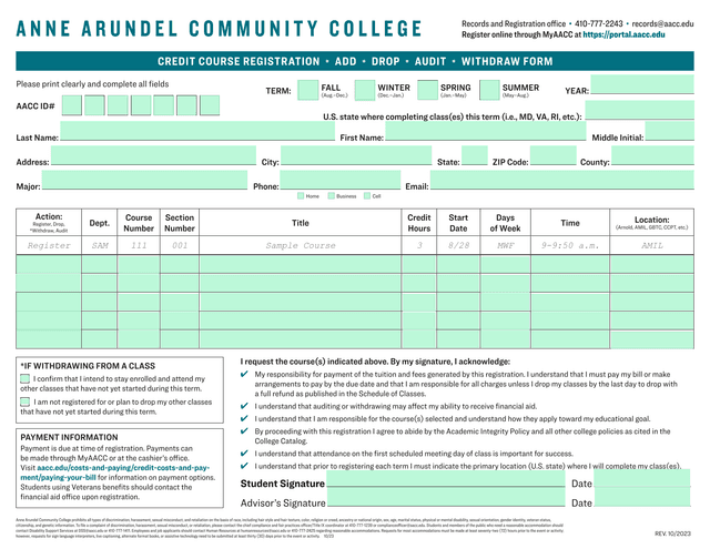 Credit Course Registration Form screenshot
