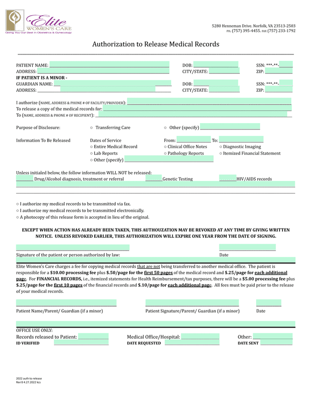 Authorization To Release Medical Records screenshot