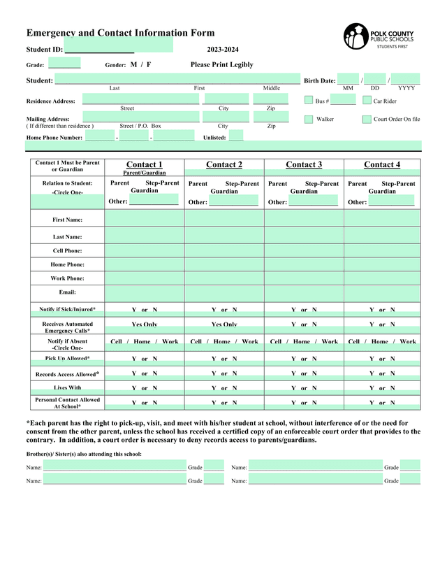 Emergency And Contact Information Form screenshot