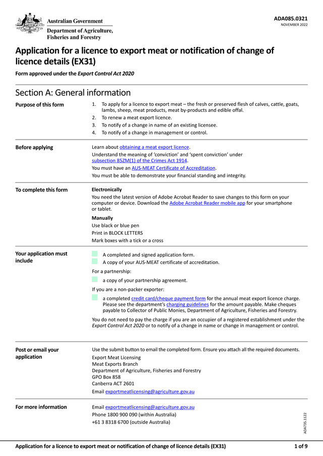 Application For A Licence To Export Meat Or Notification Of Change Of Licence Details (EX31) screenshot
