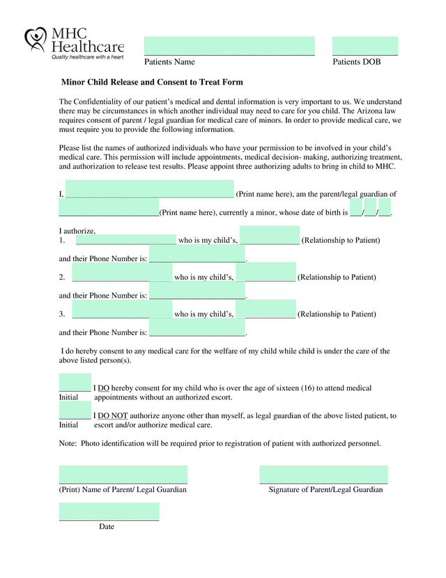 Minor Child Release And Consent To Treat Form screenshot