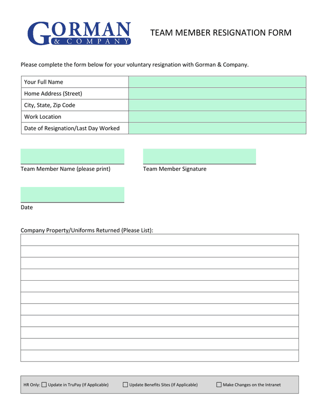 TEAM MEMBER RESIGNATION FORM screenshot