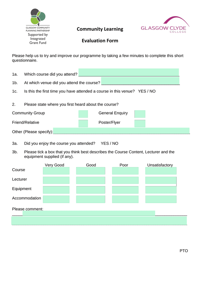 Community Learning Evaluation Form screenshot