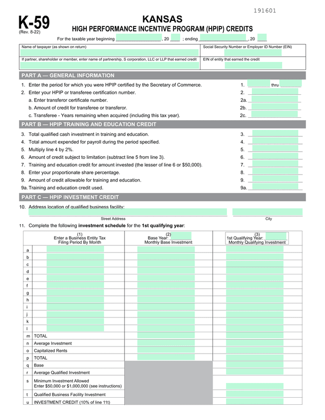 Kansas High Performance Incentive Program (HPIP) Credits Form K 59 screenshot