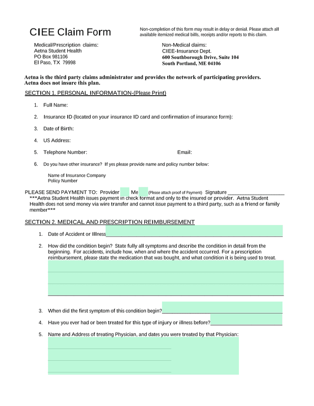 CIEE Claim Form screenshot